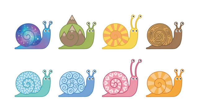 Colorful cartoon snail illustrations with various shell patterns on white background