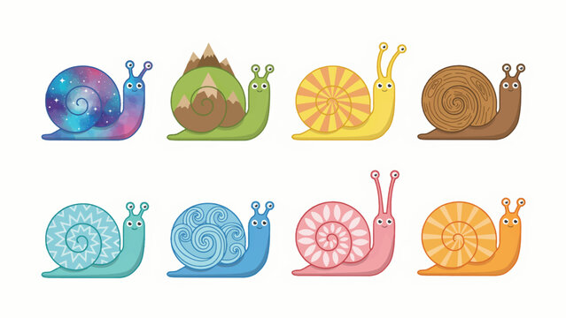 Colorful cartoon snails with different shell patterns on white background