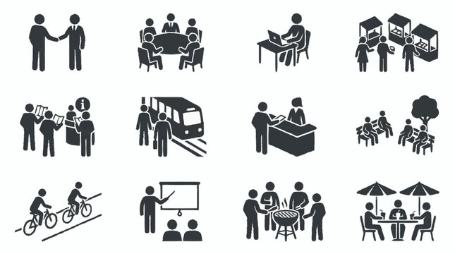 Diverse Business and Lifestyle Icons: People Activities, Meetings, and Commerce