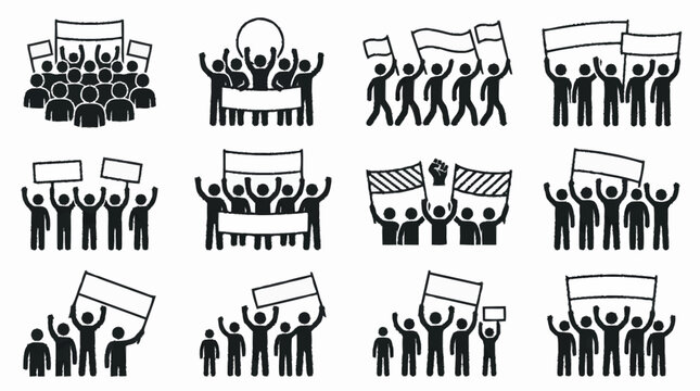 Protest Crowd Icons: People Marching with Banners and Flags, Demonstration Symbols