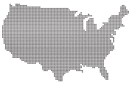 Dotted vector map of united states of america using rounded square points on clean white background.