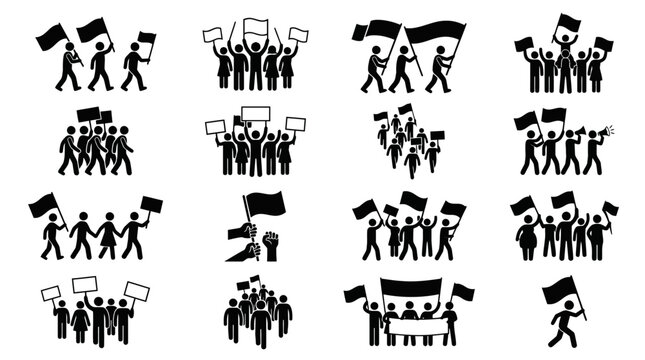 Crowd Protest Silhouettes: People Marching with Flags and Signs