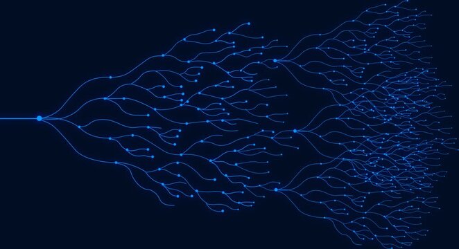 Abstract Hierarchical Network Data Flow Animation With Connected Nodes And Branching Structure On Dark Blue Background.  Artificial Intelligence, Neural Networks, Big Data, or Digital System 