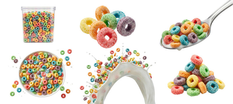 Colorful cereal ring set including bowl, spoon, container, milk splash and scattered breakfast loops isolated on transparent background