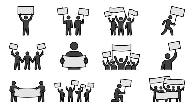Protest Icons: People with Signs, Banners, Demonstrations, Activism, Social Issues