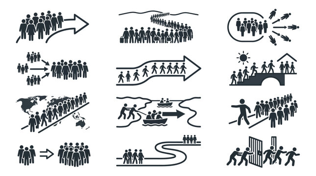 Human Migration Icons: Journey, Crowd, Movement, Global Travel, Refugees, Immigration, Emigration