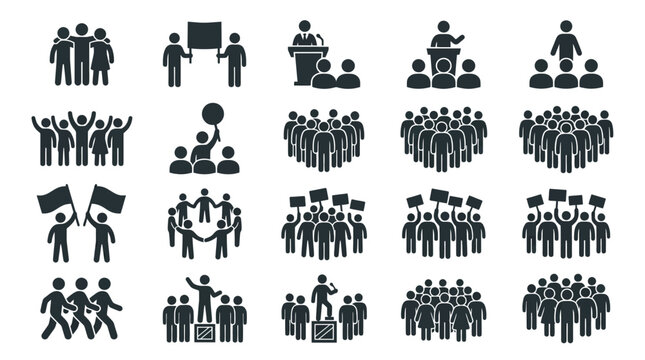 Crowd Icons Set: People, Meeting, Protest, Speech, Group, Team, Audience, Gathering