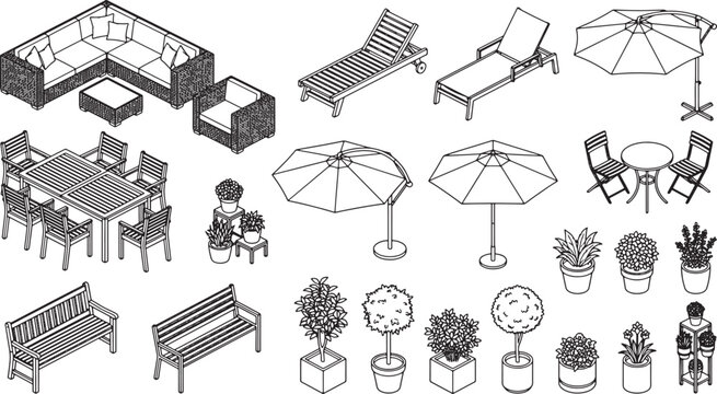 Isometric outdoor furniture and garden plant collection for architectural landscape design projects in black and white line