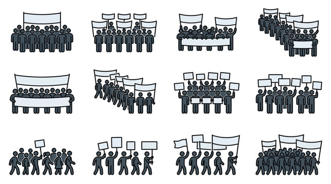 Protest crowd icons, people with banners and signs, demonstration vector set
