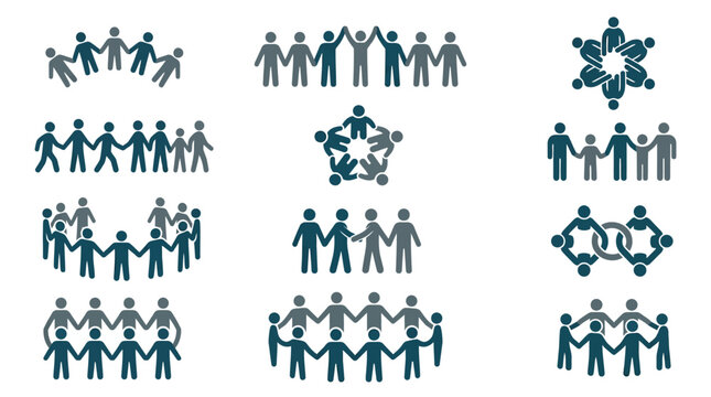 Teamwork and unity symbols: diverse group formations of people icons.