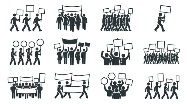 Protest crowd holding signs and banners, demonstration, rally, activism, vector icons set