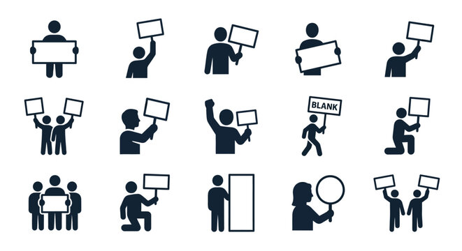 Protest Icons: Diverse Figures Holding Blank Signs and Banners for Demonstration