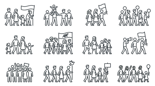 People marching protest, demonstration, rally, activism, human rights, freedom, crowd, vector illustration