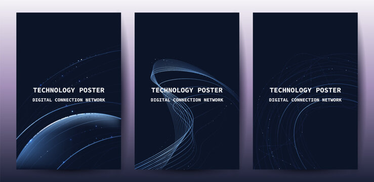 Futuristic digital blue line technology poster set, glowing lines innovation and connection network background for tech event poster or presentation product business