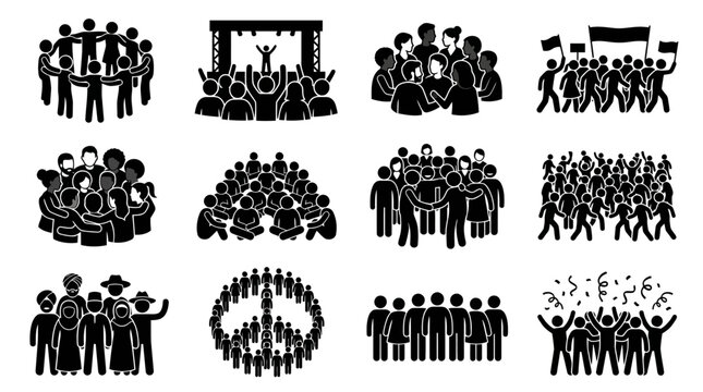 Diverse Crowd Icons: People Gathering, Protesting, Celebrating, Concert, Community, Unity