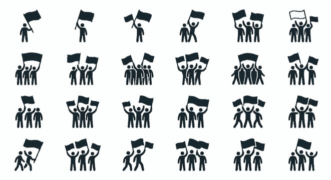 Protest Crowd Icons: People Holding Flags, Demonstrating Unity and Activism