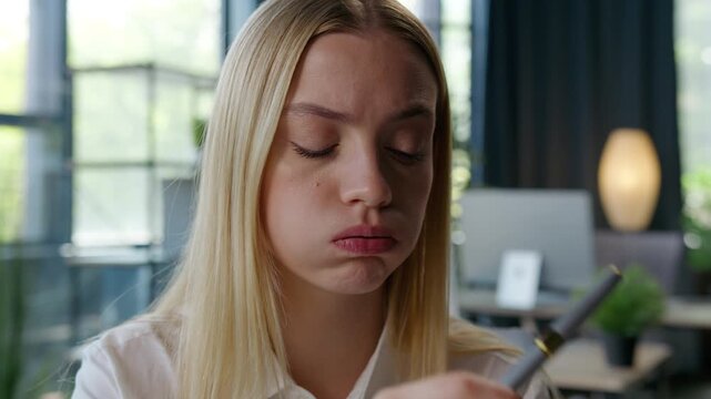 Tired stressed pensive Caucasian woman business girl thinking problem work concerned feeling exhausted businesswoman female think complicated working searching inspiration no ideas trouble in office