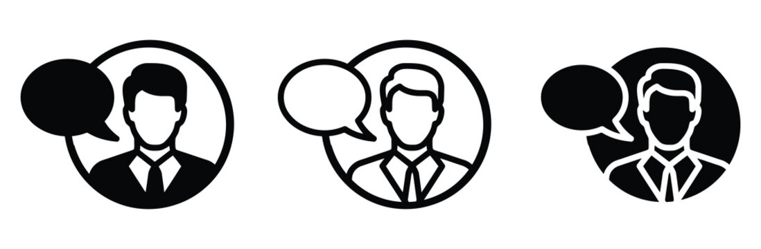 User chat and customer support agent icon vector set. Businessman profile avatar with speech bubble symbol. Communication, consulting, and feedback sign in flat, outline, and glyph style.