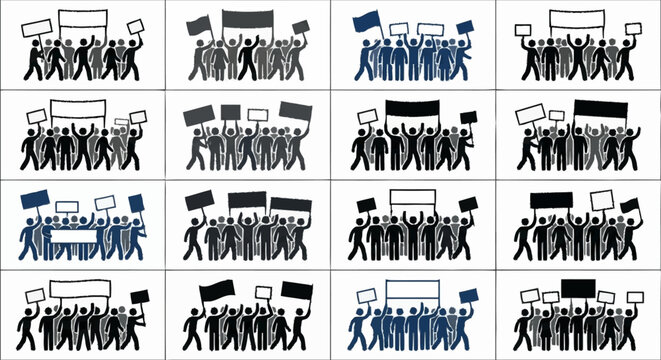 Protest crowd with banners and signs, demonstration, rally, activism, illustration