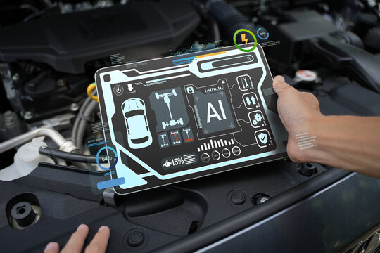 Automotive mechanics test customer service concepts using automotive diagnostic tools and artificial intelligence (AI) on laptops to verify quality.