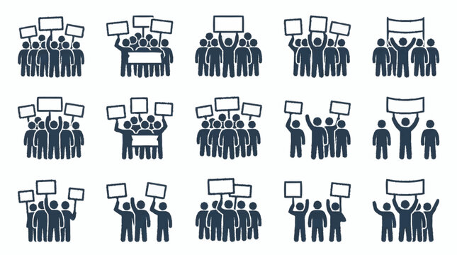 Crowd Protesting with Signs and Banners, Demonstration Icon Set