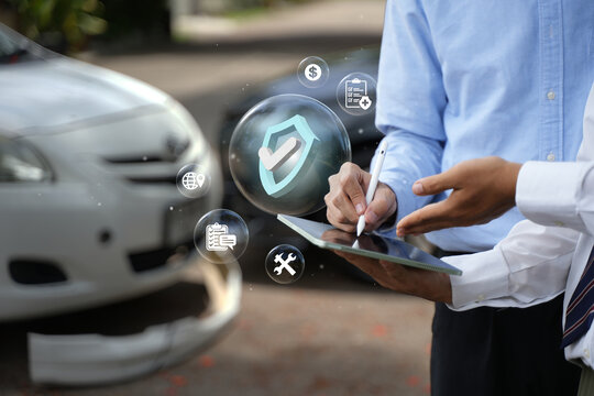 Car insurance: The concept of vehicle protection. Two people are discussing car insurance, the financial protection it provides for a covered vehicle.
