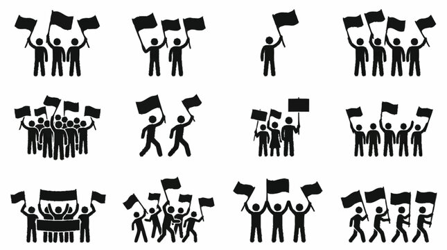 Protest crowd with flags and banners, silhouette illustration