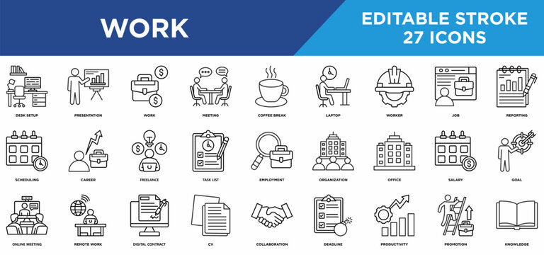 Work  line icons set with desk setup, presentation, work, meeting, coffee break, laptop, worker concepts. Editable stroke vector collection.	


