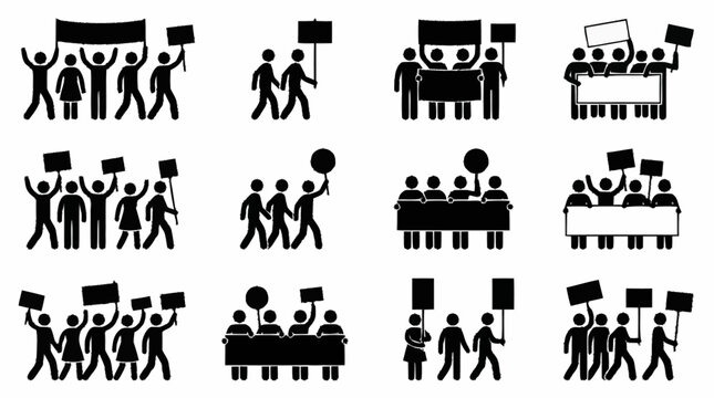 People protest icons, crowd with banners and signs, activism and demonstration symbols