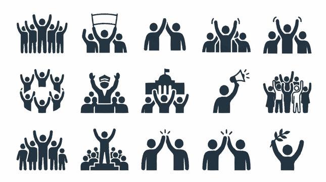 Crowd Celebration Icons: Unity, Protest, Success, Achievement, Victory, Teamwork