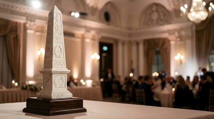 Fototapeta premium Marble obelisk award on a table at a gala event in a luxury ballroom