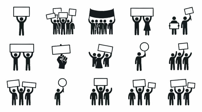 Protest Icons: People Holding Signs, Banners, and Placards for Demonstration and Rally