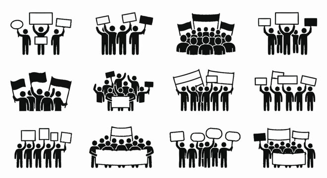 Protest Crowd Icons: People Holding Signs, Banners, and Flags