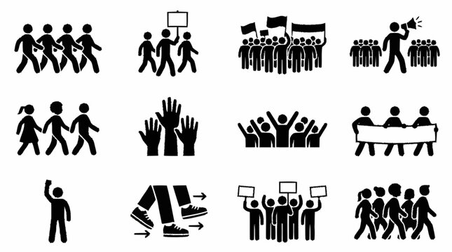 Protest icons: crowd, march, rally, demonstration, activism, human rights, protest signs, megaphone