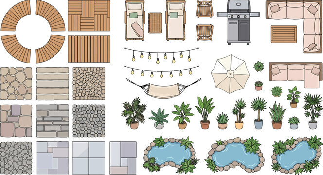 Top view landscape design elements set with patio furniture plants paving textures and garden ponds vector illustration
