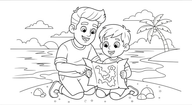 Two children reading a treasure map on the beach.