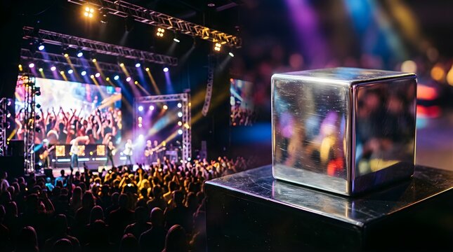 Shiny metal cube trophy on stage with a cheering crowd at concert event