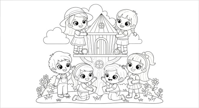 Children playing together in a cartoon treehouse scene.