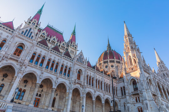 Stunning Gothic Revival architecture of Hungary Parliament close up, Budapest
