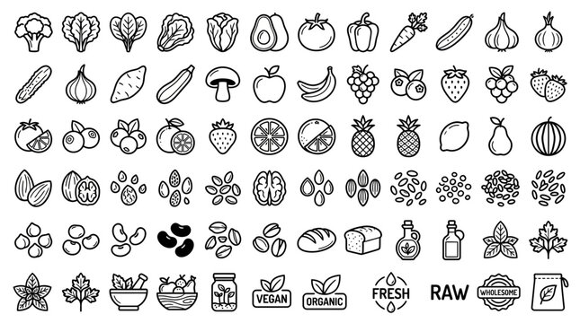 Healthy Food Icons Set: Fresh Fruits, Vegetables, Nuts, Grains, and Vegan Symbols