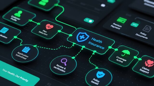 Digital Healthcare Insurance Process Flowchart Interface Showing Policy Selection and Coverage