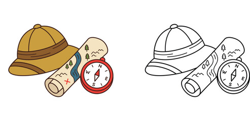 Explorer adventure gear set with safari pith helmet, rolled treasure map, and compass vector illustration, in color and black and white line art outline style for coloring book © MMONIR