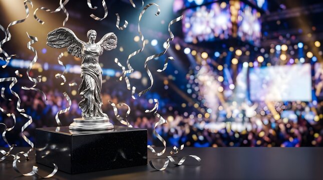 Silver winged victory trophy on stage during a celebration event.