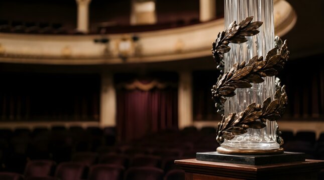 Trophy with golden laurel leaves displayed on stage in a theater hall