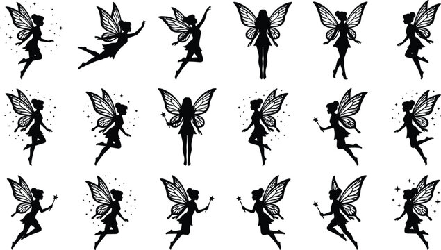 Fairy Silhouette Collection with Butterfly Wings Magic Wands and Pixie Dust Stars for Mythical Fantasy Craft and Vinyl Cutting Designs