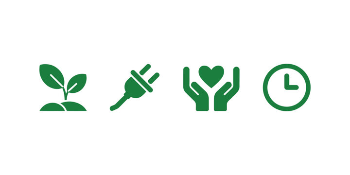 Green icons showing plant sprout electric plug hands heart and clock symbols for sustainable lifestyle vector design