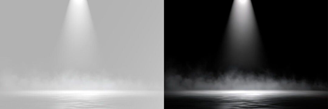 Dramatic white light shaft with volumetric fog glowing smoke stage spotlight cinematic beam and ambient illumination