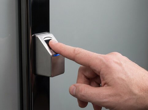 Close-up of finger scanning on biometric reader for secure access control