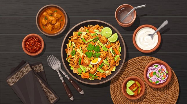 Top View Sri Lankan Kottu Roti Meal &ndash; Flat Lay Food Vector Illustration