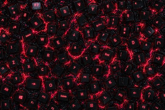 Futuristic cyber keyboard texture background with black keycaps in glowing red liquid magma, dark hacker virus and gaming concept backdrop, sci-fi design, generative AI
